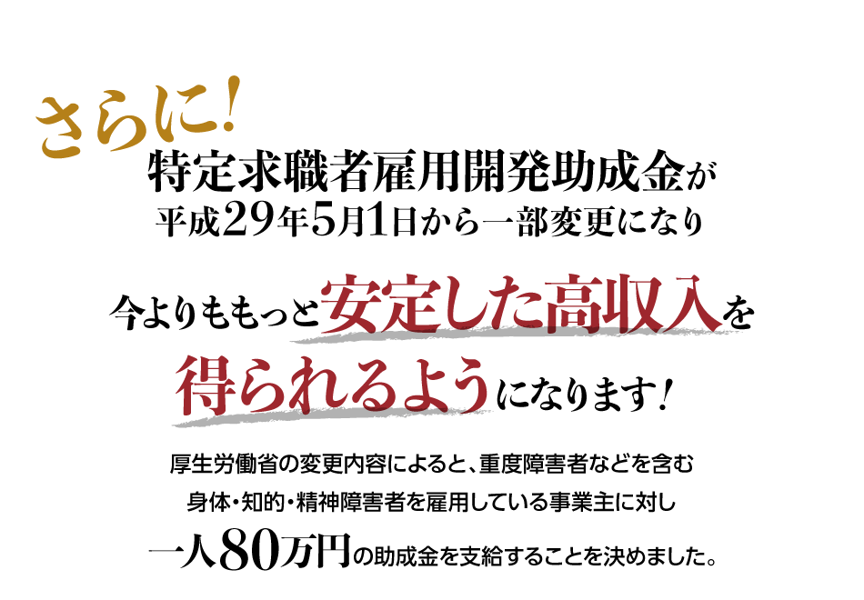 特定求職者雇用開発助成金が平成29年5月1日から一部変更になり一人80万円の助成金を支給することを決めました